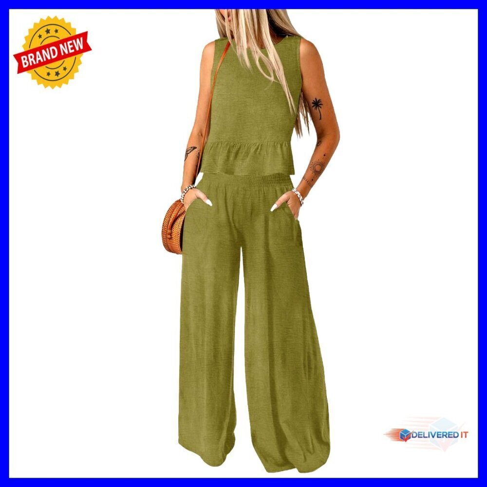 Sleeveless Tank Top Matching Set Elastic Waist Wide Leg Pants Women 2 Piece